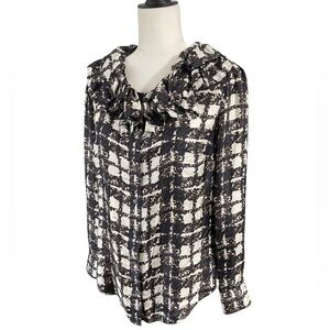 J. Crew Collection Silk Twill Ruffle-Collar Houndstooth Plaid Top